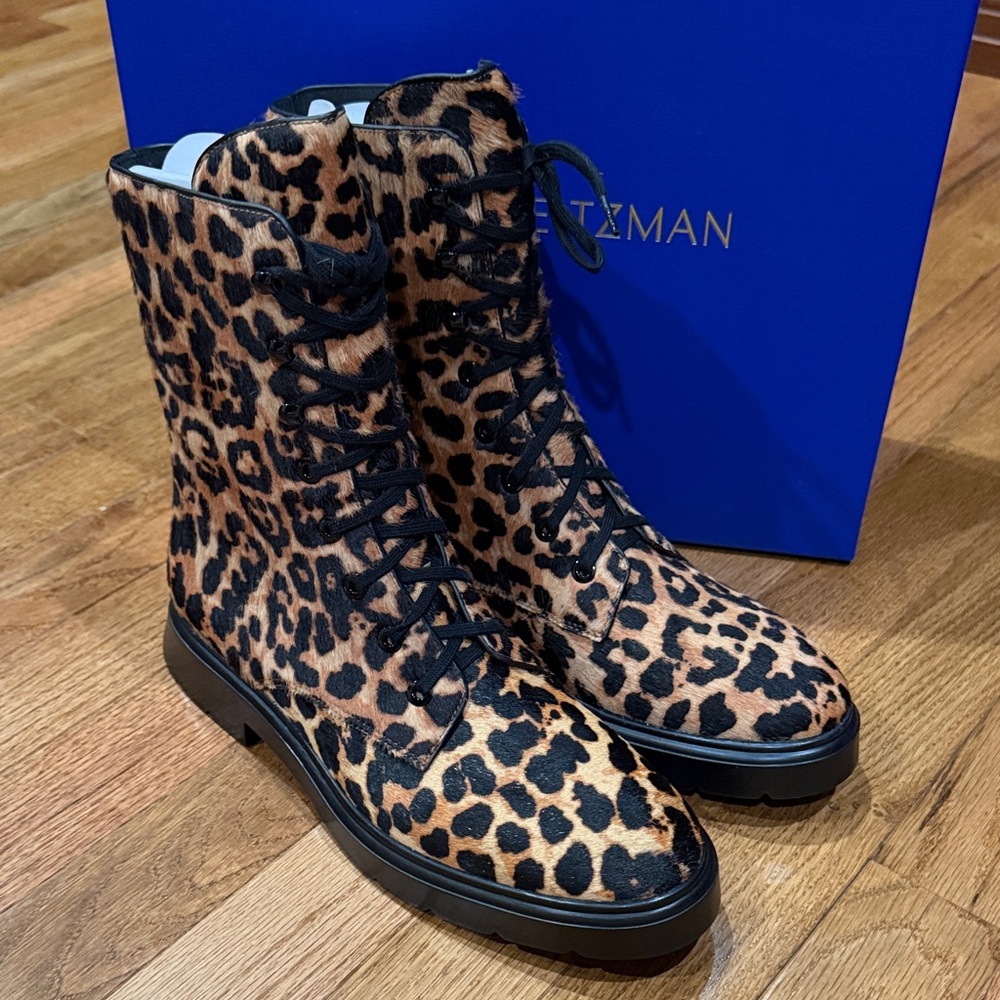 Stuart Weitzman McKenzee Leopard Print Lace-Up Booties/Boots-NIB